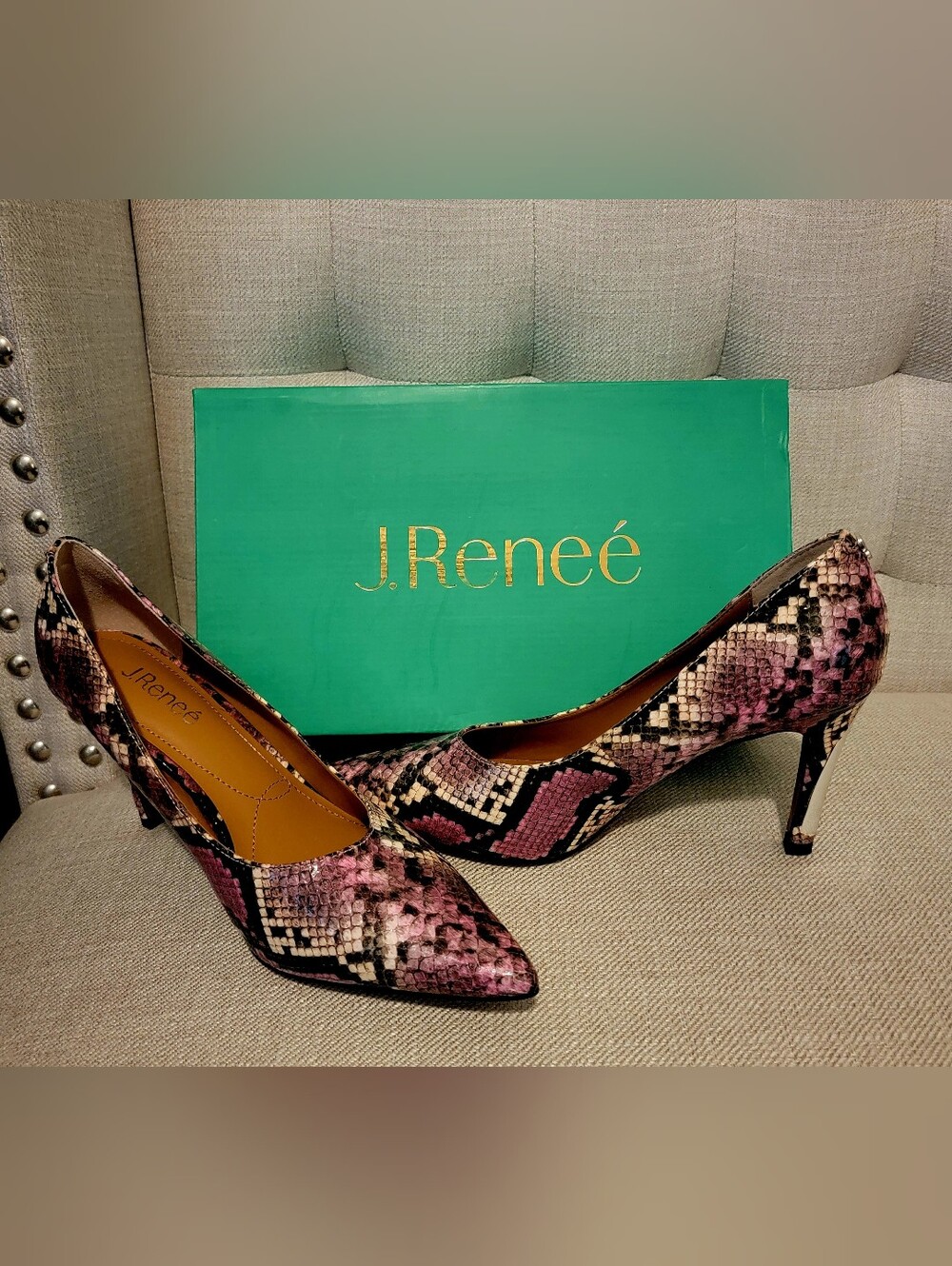 J.Reneé Pink and Black Snake-Print Pointed Toe Pumps